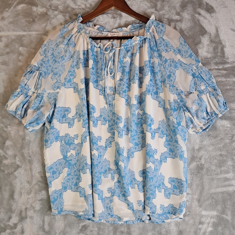 Current Air Blouse M Blue White Abstract Toile Ruffle Split Neck Tie Sleeve Top
